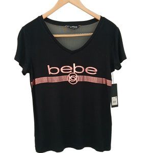BEBE WOMENS MEDIUM BLACK V NECK SHORT SLEEVE T SHIRT